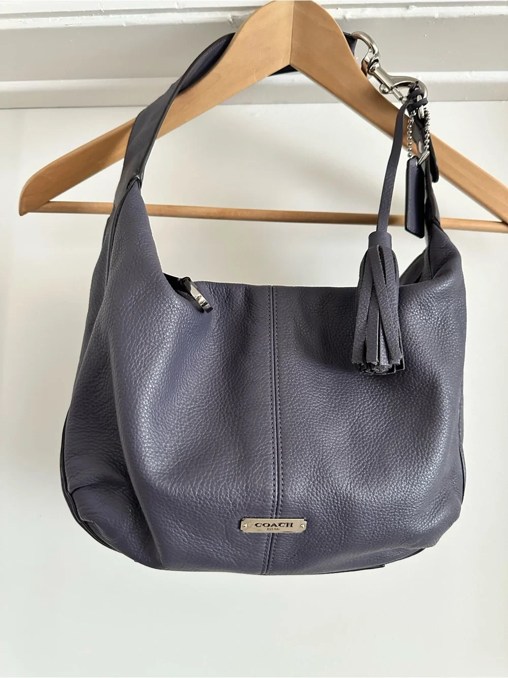 Coach Avery Plum Pebbled Leather Hobo Shoulder Bag with Tassel Accent